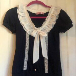 Ank Rouge Japan Navy Top Shirt White Collar Frills Ruffles M